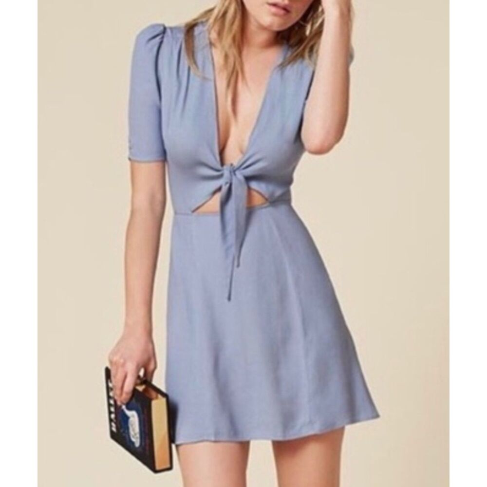 Reformation Grace Dress Blue Tie Front Cutout Puff Sleeve Mini